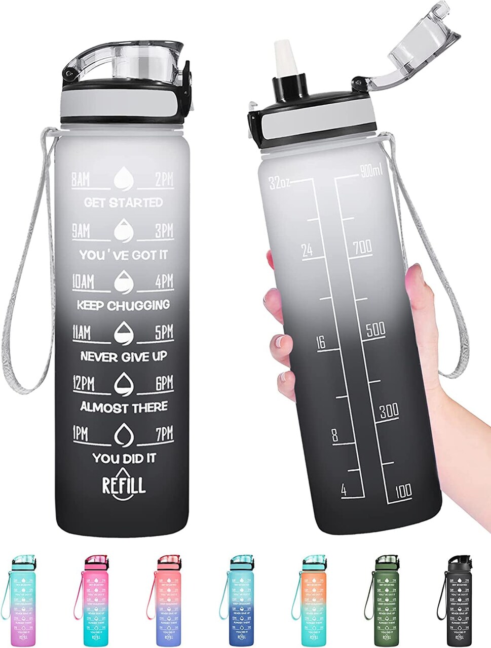 32 Oz Water Bottle, Leakproof BPA & Toxic Free, Motivational Water Bottle with Times to Drink and Straw, Fitness Sports Water Bottle with Strap for Office, Gym, Outdoor Sports, Gray-Black